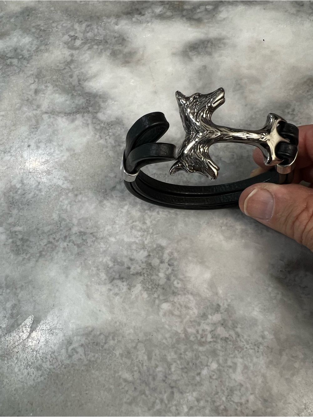Men's Black Leather Bracelet with Silver Antler Accent